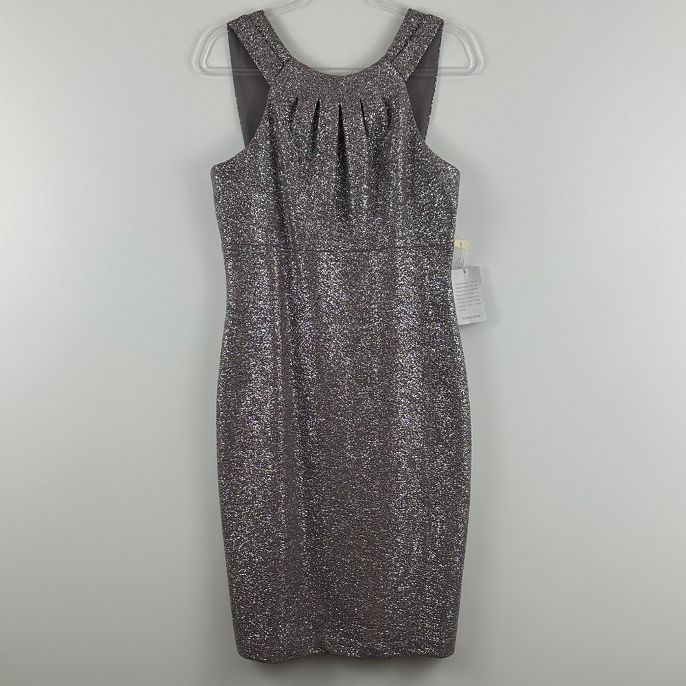 NWT Eliza J Foiled Knit Halter Sheath Dress Lilac Metallic Cocktail 10 - Picture 2 of 11